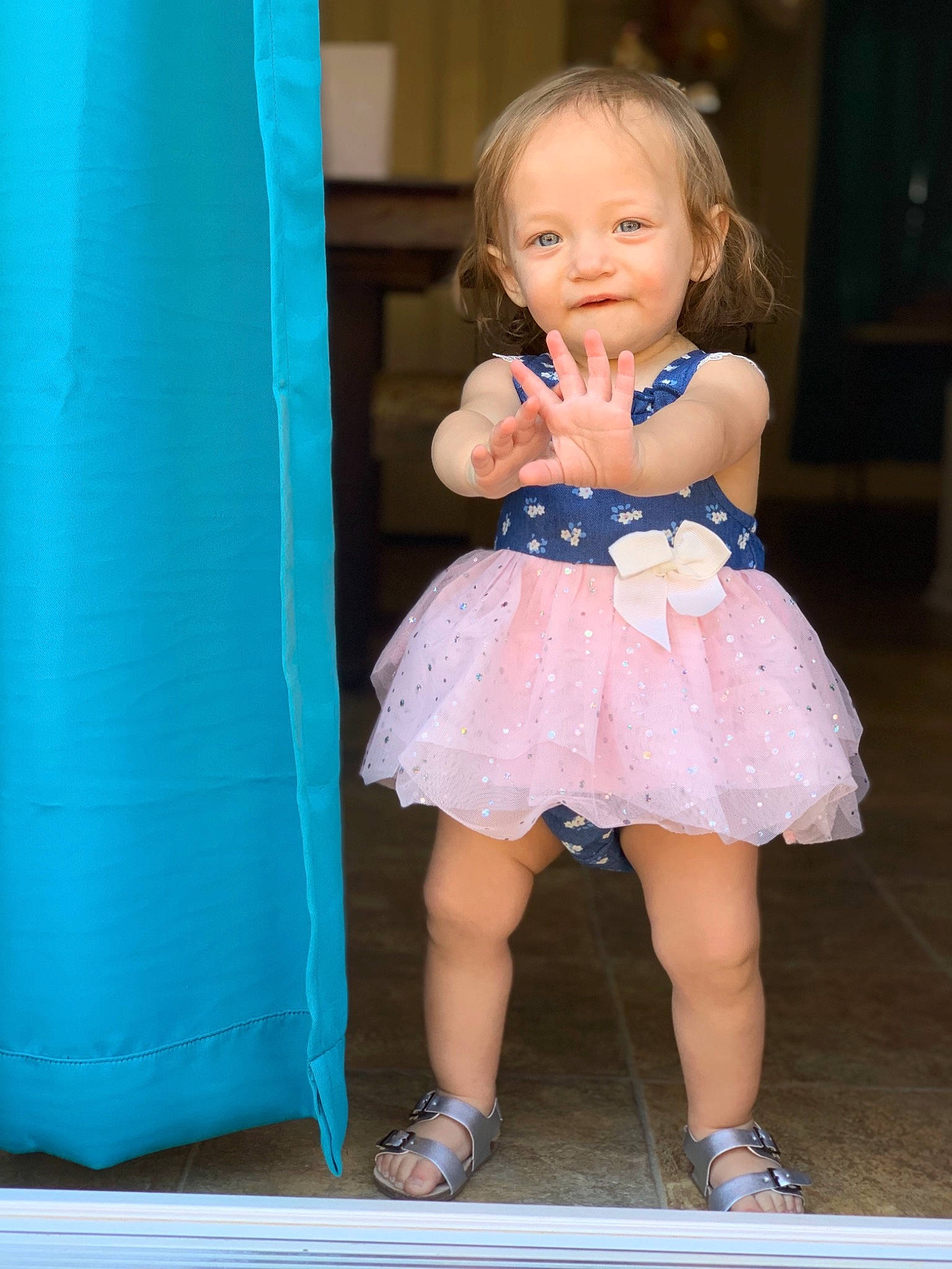 Kaysen joined the competition — help win amazing prizes! blue, child, child_model, clothing, costume, daughter, dress, footwear, fun, leg, person, pink, shoe, skin, smile, toddler, vacation, water