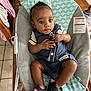 Today joined the competition — help win amazing prizes! baby, child, blue_clothing, sandals, baby_chair, cushion, hand, face, eyes, wooden_table, bottle, coca_cola_can, floor_tiles, indoor, person, curious_expression, seated, home, table, clothing