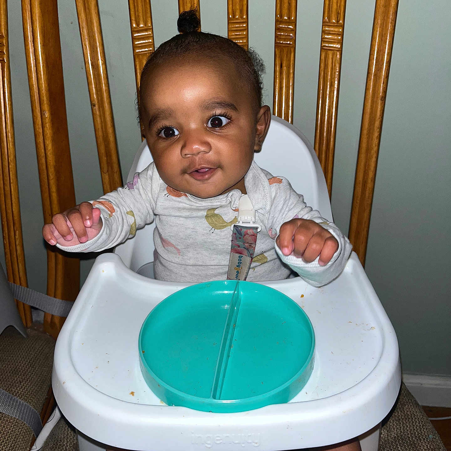 Tomorrow joined the competition — help win amazing prizes! baby, child, curious, cute, expression, face, feeding, feet, hands, high_chair, indoor, infant, onesie, person, plate, seat, smiling, tableware, top_knot, wooden_chair