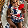 baby, child, smile, face, infant, clothing, dress, sitting, highchair, wooden_chair, indoor, cute, person, happy, celebration, pattern, foot, hand, furniture, portrait