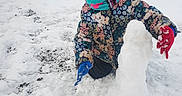 Isabella is registered to the contest to win money with this photo: child, cold_weather, fun, gloves, happy, hat, jacket, kid, nature, outdoor, person, play, scarf, smile, snow, snow_building, snowman, snowy_ground, winter, winter_clothing