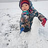 Isabella is registered to the contest to win money with this photo: child, snow, winter_clothing, hat, gloves, scarf, snowman, outdoor, cold_weather, play, happy, smile, snowy_ground, nature, winter, person, fun, snow_building, jacket, kid