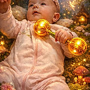 Renesmay joined the competition — help win amazing prizes! baby, infant, pink_onesie, glowing_rattle, fairies, sparkles, mushrooms, moon, night, flowers, magic, fantasy, glow, cute, child, face, hand, nature, portrait, whimsical