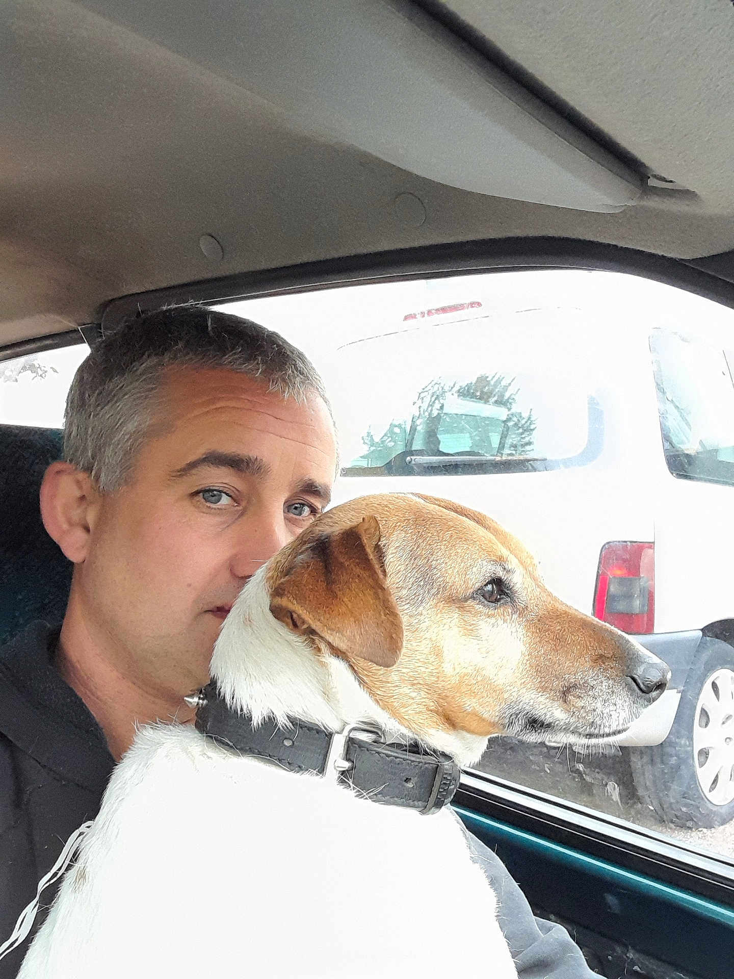 Sébastien Lamare a rejoint le concours — aidez-le/la à gagner de superbes lots ! man, dog, car, window, collar, seat, side_view, vehicle, pet, looking_out, gray_hair, short_hair, white_dog, brown_dog, black_collar, daylight, outdoor_view, parked_car, portrait, close_up