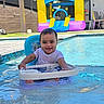 Alaia joined the competition — help win amazing prizes! baby, child, pool, water, floating_chair, inflatable_castle, summer, outdoor, smiling, happy, splashing, blue, yellow, purple, white_clothing, backyard, sunlight, fun, play, person