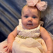 Violet joined the competition — help win amazing prizes! baby, child, dress, headband, bow, blue_eyes, cute, portrait, infant, soft_background, hand, sitting, clothing, person, indoors, fabric, texture, smile, cute_face, young