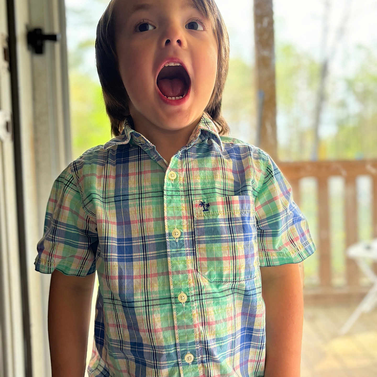 Miles is registered to the contest to win money with this photo: blouse, bodypart, boy, child, clothing, face, happy, head, laughing, male, mouth, pants, person, photography, portrait, shirt, sleeve, smile, surprised, wood