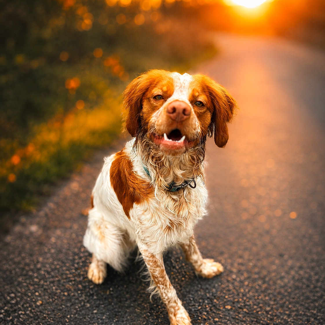Tayko participe au concours pour gagner de l'argent avec cette photo : bokeh, brown_and_white, collar, country_road, dog, floppy_ears, fur, golden_hour, happy, leash, nature, open_mouth, outdoor, pet, portrait, road, sitting, smiling, spaniel, sunset