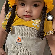 Cathriel is registered to the contest to win money with this photo: baby, child, yellow_hat, knitted_hat, baby_carrier, floral_shirt, indoor, portrait, person, cute, infant, face, clothing, young_child, closeup, human, expression, headwear, sitting, looking
