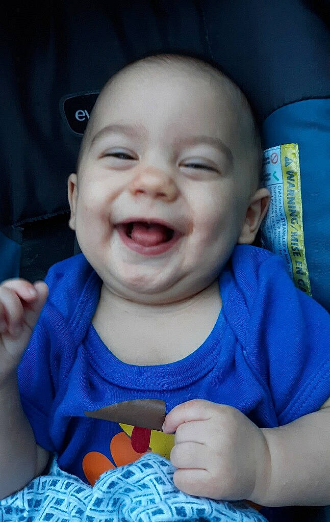 Brock joined the competition — help win amazing prizes! baby, baby_making_funny_faces, blue, cheek, child, chin, eye, face, facial_expression, fun, happy, head, laugh, lip, mouth, nose, organ, person, skin, smile