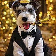 Winston is registered to the contest to win money with this photo: animal, black, bokeh, bow_tie, celebration, costume, cute, dog, festive, gold, happy, indoor, new_year, party_hat, pet, portrait, smiling, tongue_out, tuxedo, white