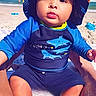 Joey is registered to the contest to win money with this photo: baby, child, beach, ocean, sun_hat, swimwear, shark, rash_guard, sitting, portrait, outdoor, sand, summer, sunlight, infant, facial_expression, blue_clothing, shoreline, vacation, photography