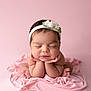 newborn, baby, infant, headband, flower, pink, blanket, sleeping, cute, portrait, hands, feet, soft, studio, child, peaceful, closeup, resting, skin, adorable