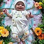 Ezme joined the competition — help win amazing prizes! baby, infant, smile, bunny_costume, bow_tie, carrot_pattern, leggings, blanket, flowers, greenery, cute, happy, outdoor, nature, playful, portrait, child, soft_texture, colorful, adorable