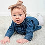 baby, child, infant, crawling, denim, headband, bow, blue_eyes, white_tights, carpet, floor, cute, portrait, indoor, soft_light, expression, person, young, clothing, toddler