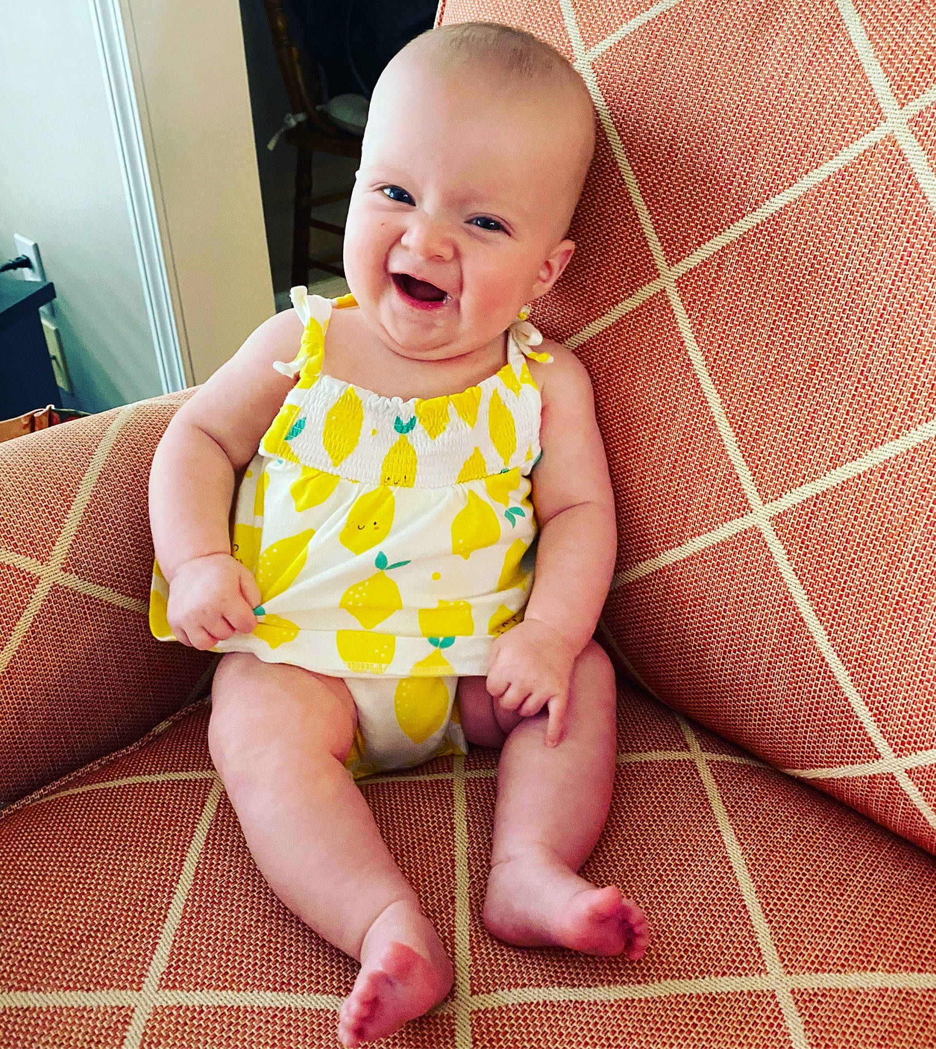 Nadia joined the competition — help win amazing prizes! baby, baby_products, baby_toddler_clothing, barefoot, cheek, child, comfort, finger, foot, laugh, mammal, mouth, nose, pattern, person, pink, skin, sleeve, thumb, toddler