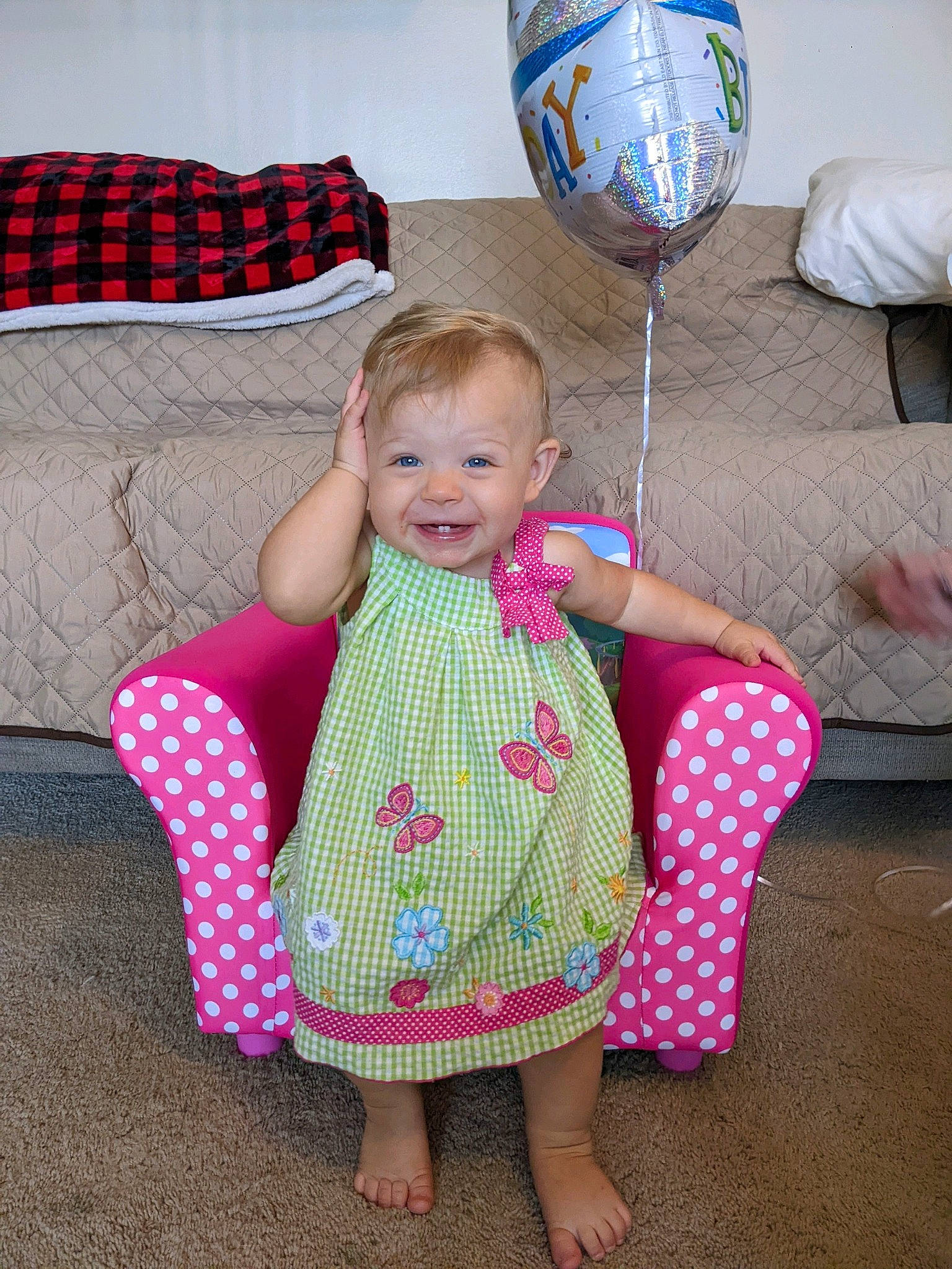 Remington joined the competition — help win amazing prizes! baby_toddler_clothing, balloon, child, dress, event, face, fun, happy, joy, linens, magenta, party_supply, pattern, person, pink, product, sleeve, smile, t_shirt, tartan