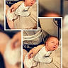 newborn, baby, infant, sleeping, face, portrait, smiling, cuddling, blanket, white_clothing, adult_arm, nursery, bassinet, indoor, photocollage, framed_photo, cozy, soft_lighting, closeup, family