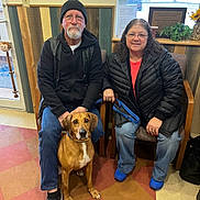 Marley is registered to the contest to win money with this photo: man, woman, dog, indoor, seated, glasses, black_jacket, blue_jeans, brown_dog, beanie, chairs, window, plants, wood_paneling, floor_tiles, leash, smiling, casual_clothing, pet, waiting_room