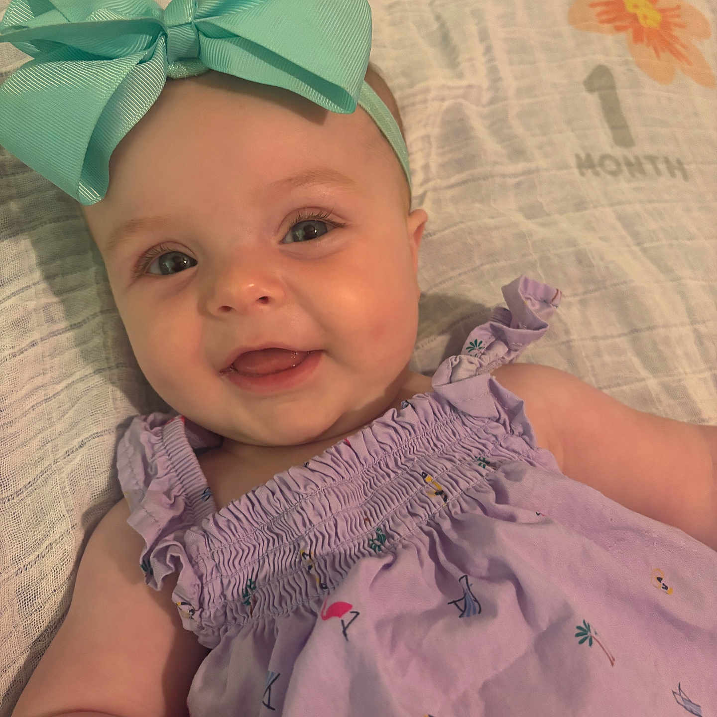 Paislee is registered to the contest to win money with this photo: baby, child, smiling, bow, headband, purple_dress, blanket, face, infant, cute, happy, portrait, one_month, lying_down, closeup, skin, eyes, person, toddler, clothing
