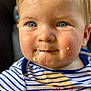 baby, child, face, blue_eyes, food, messy, striped_shirt, close_up, expression, mouth, cheeks, skin, infant, cute, portrait, toddler, clothing, mess, indoor, person