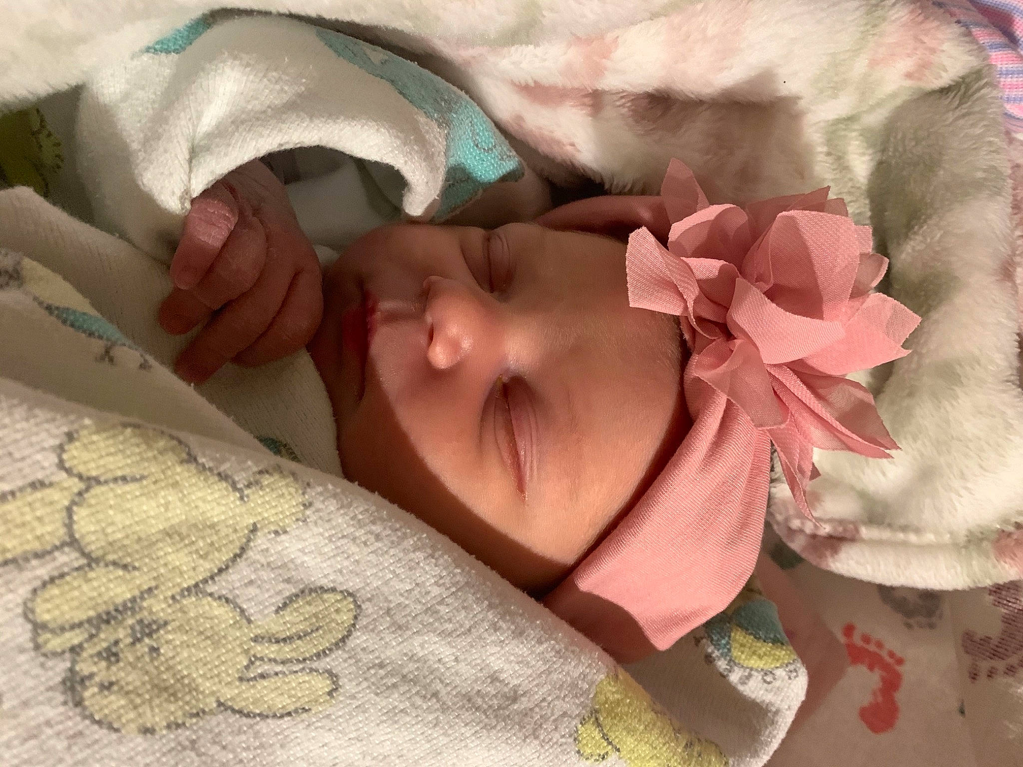 Emerie is registered to the contest to win money with this photo: baby, baby_products, baby_sleeping, baby_toddler_clothing, bed, bedding, bedtime, beige, brown, child, comfort, finger, linens, pattern, person, petal, pink, skin, textile, toddler