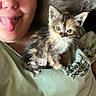 calico_kitten, cat, kitten, person, selfie, portrait, tongue_out, blue_eyes, fur, whiskers, ears, animal, pet, cuddling, shirt, clothing, indoor, close_up, humorous, photography