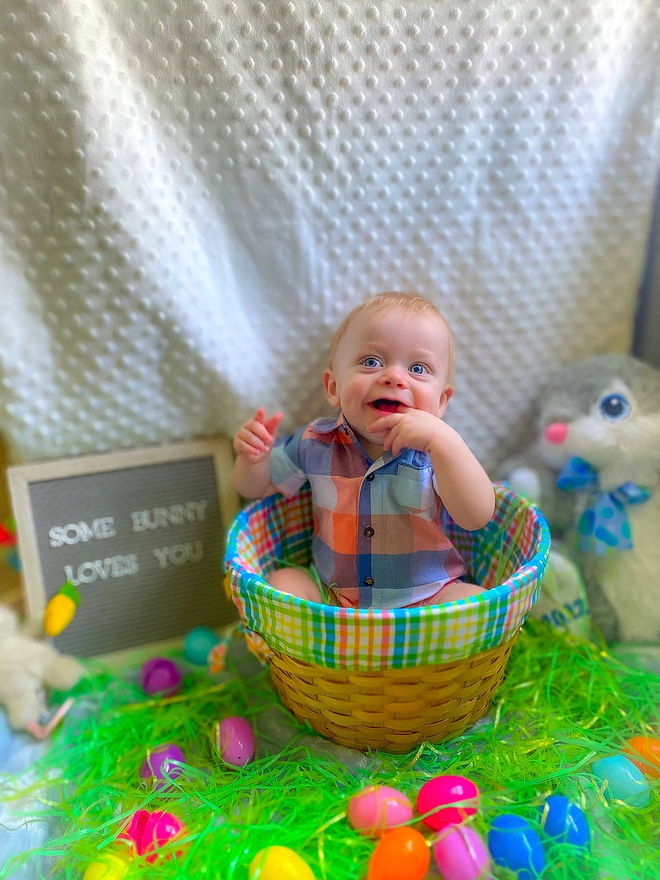 Robby is registered to the contest to win money with this photo: baby, baby_products, baby_toddler_clothing, baby_toys, basket, child, doll, easter, event, fun, grass, happy, person, picnic_basket, play, product, smile, sweetness, textile, toddler