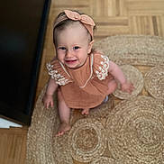Léna participe au concours pour gagner de l'argent avec cette photo : toddler, child, smiling, headband, dress, indoor, rug, wooden_floor, happy, sitting, baby, person, cute, candid, texture, flooring, home, portrait, looking_up, playful
