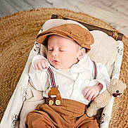Noah participe au concours pour gagner de l'argent avec cette photo : adorable, baby, blanket, cap, clothing, cozy, hat, indoor, infant, newborn, peaceful, plush_toy, portrait, rug, sleeping, small_hand, suspenders, teddy_bear, wicker_basket, wooden_floor