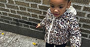 Olivia Joyner is registered to the contest to win money with this photo: black_leggings, brick_wall, casual_clothing, child, concrete, curious, curly_hair, daytime, girl, hair_puff, hoodie, jacket, leopard_print, outdoor, person, sidewalk, sneakers, standing, urban, young