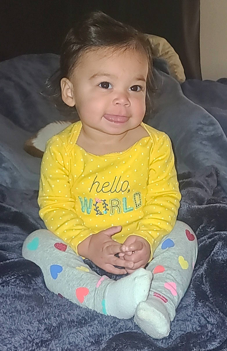 Haylen joined the competition — help win amazing prizes! baby_toddler_clothing, cheek, comfort, eye, facial_expression, finger, hairstyle, happy, head, human_body, iris, lip, mouth, nose, organ, person, skin, sleeve, smile, standing