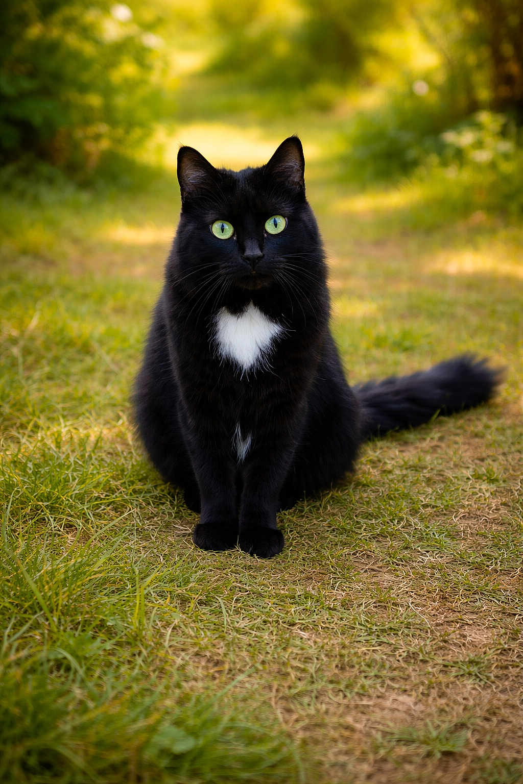 Bella a rejoint le concours — aidez-le/la à gagner de superbes lots ! black_cat, white_chest_patch, green_eyes, sitting, grass, outdoors, path, bokeh_background, fur, whiskers, tail, portrait, centered, shallow_depth_of_field, animal, pet, cute, daytime, nature, alert