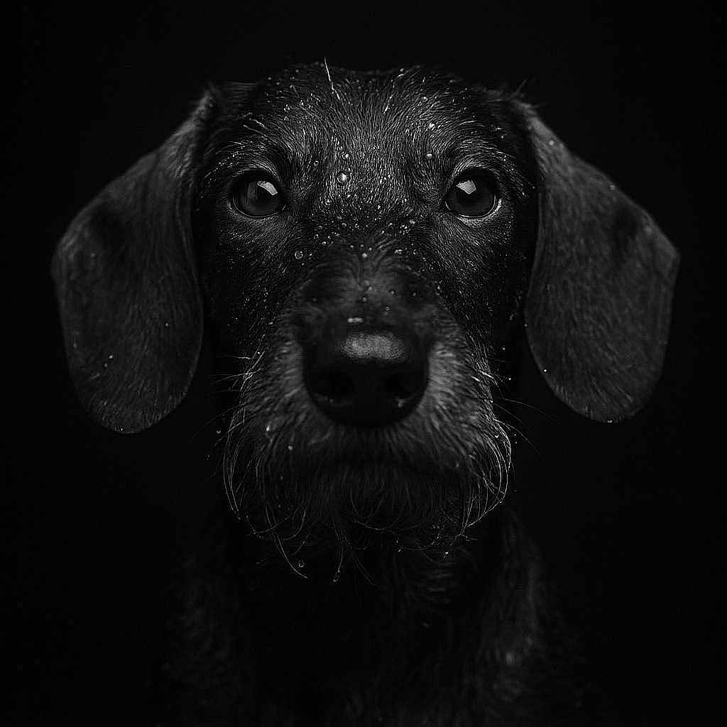 Tyson participe au concours pour gagner de l'argent avec cette photo : animal, black_and_white, canine, close_up, dark_background, dog, ears, expression, eyes, fur, head, intense, moisture, muzzle, nose, pet, portrait, studio_lighting, wet, whiskers