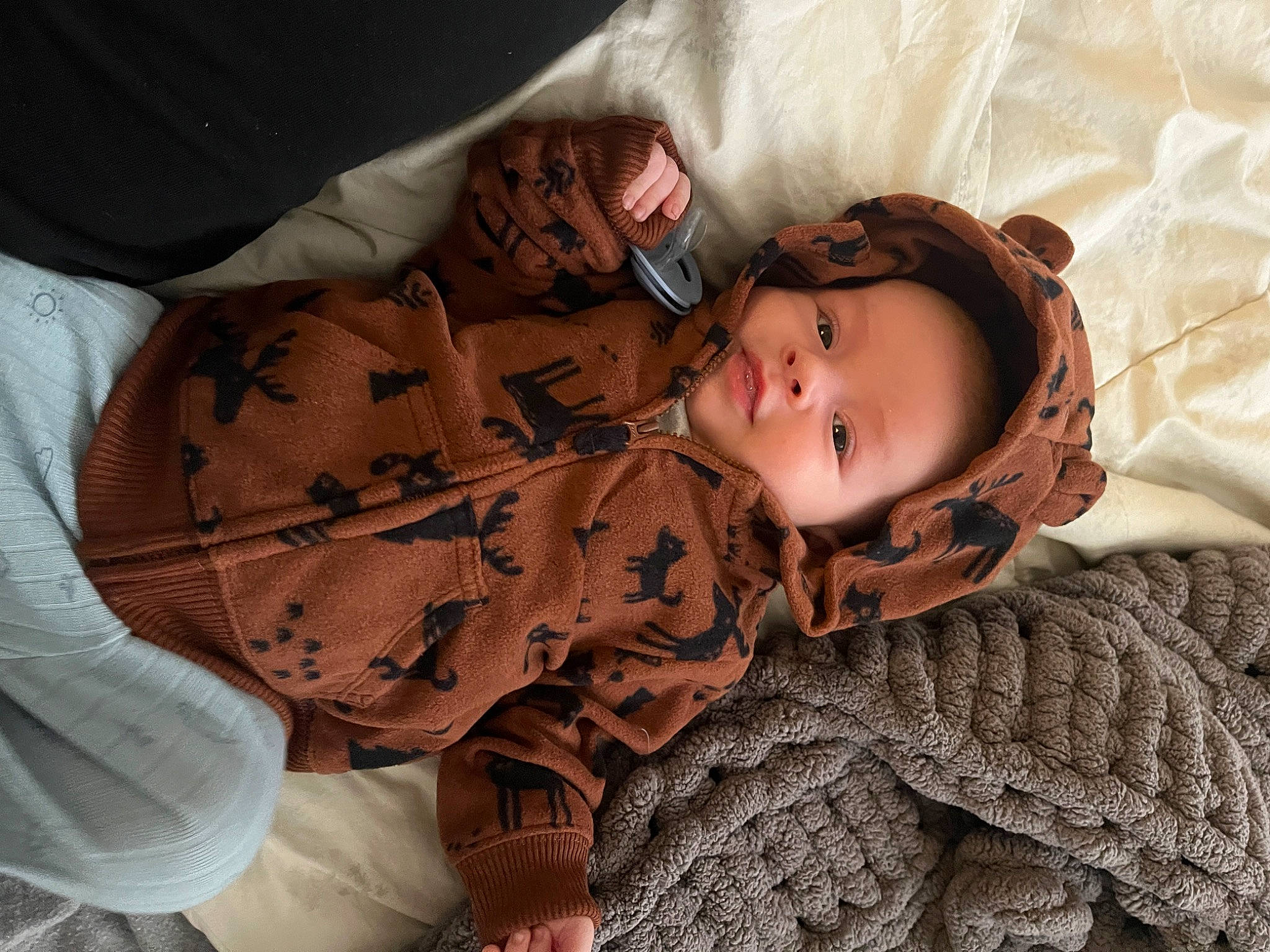 Noah joined the competition — help win amazing prizes! baby, baby_toddler_clothing, bedtime, brown, cheek, child, comfort, eye, face, fur, linens, nap, pattern, person, sitting, skin, sleep, sleeve, toddler, tree