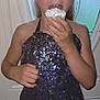 child, girl, cupcake, food, dress, sparkly, blue, indoor, portrait, red_eye, hand, door, glass, decorative, celebration, snack, happy, person, young, flash