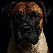 Ares participe au concours pour gagner de l'argent avec cette photo : dog, close_up, portrait, wet, fur, animal, pet, brown, black, white, face, ears, whiskers, nose, eyes, studio_lighting, dark_background, moisture, canine, expression