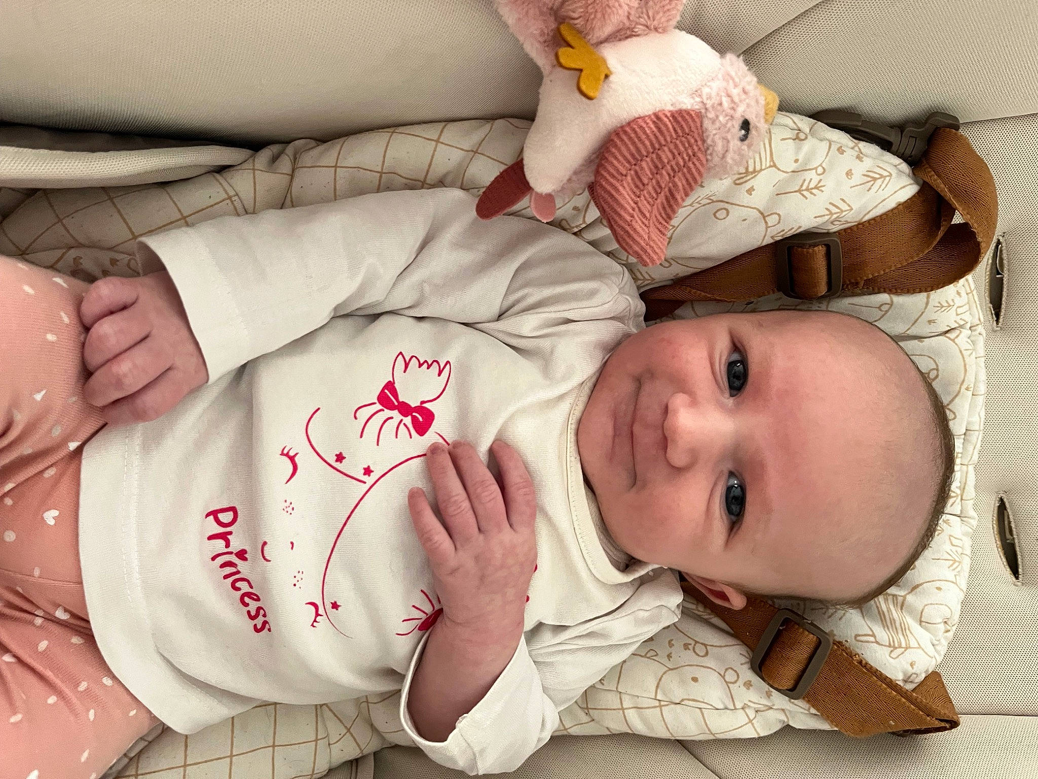 Eva participe au concours pour gagner de l'argent avec cette photo : baby, baby_toddler_clothing, cheek, comfort, eye, face, facial_expression, finger, head, linens, lip, mammal, mouth, person, pink, skin, sleeve, smile, textile, toddler