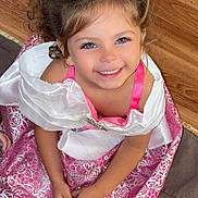 Honey is registered to the contest to win money with this photo: child, girl, smile, dress, princess, pink, white, curly_hair, pigtails, floor, wood, rug, happy, portrait, indoor, young, cute, sitting, hands, blue_eyes