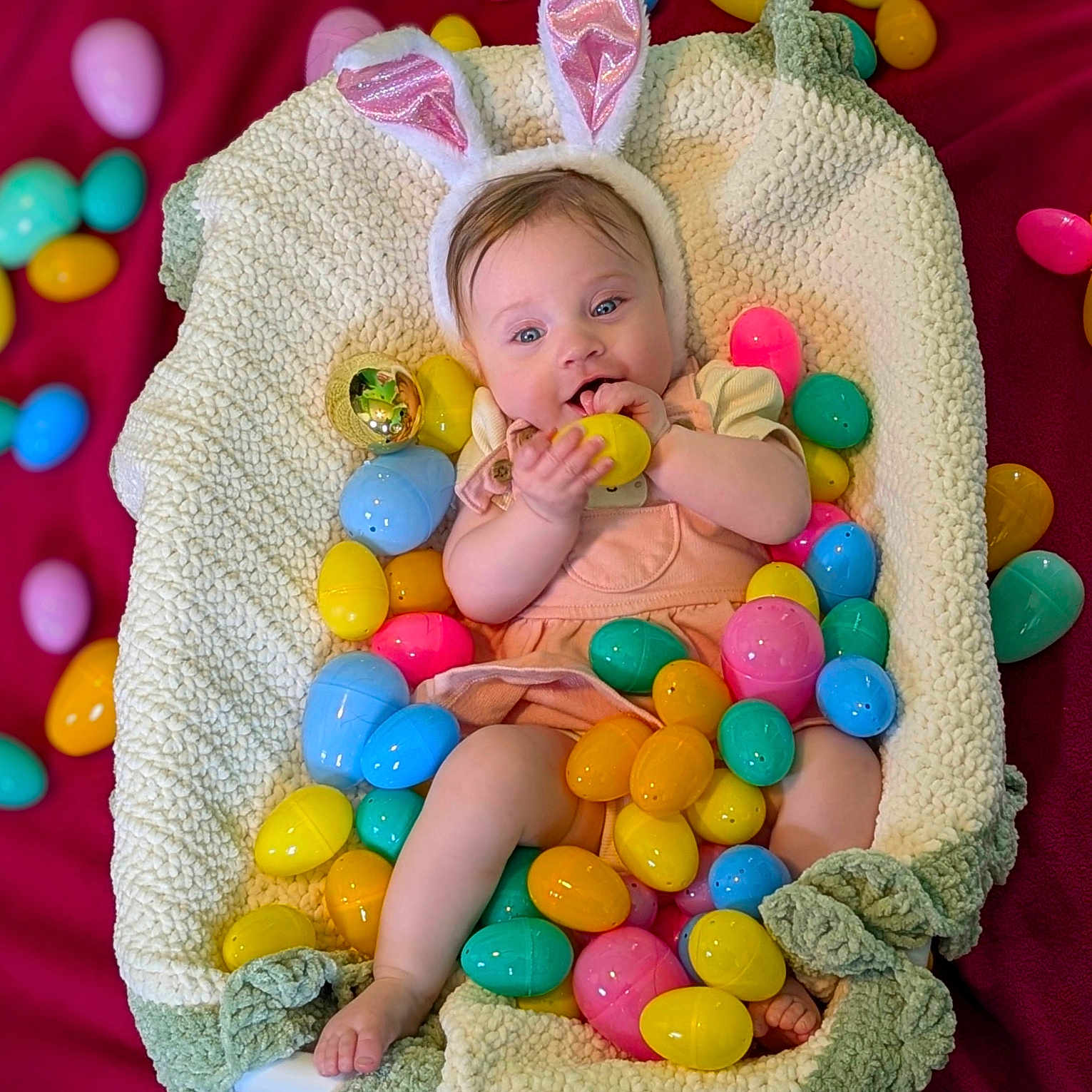 Sophie joined the competition — help win amazing prizes! baby, bed, blanket, candy, clothing, couch, doll, face, food, furniture, hat, head, newborn, person, photography, portrait, purple, quilt, sweets, toy