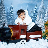 Varun is registered to the contest to win money with this photo: toddler, child, toy_train, winter, snow, christmas_tree, ornaments, holiday, festive, white_jacket, indoor, decorations, cute, portrait, seasonal, play, winter_clothing, background, smiling, curious