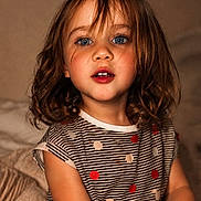 Skye joined the competition — help win amazing prizes! child, girl, portrait, smiling, face, blue_eyes, brown_hair, curly_hair, indoors, seated, striped_dress, polka_dots, clothing, bedroom, soft_lighting, closeup, looking_at_camera, teeth, warm_tones, photography