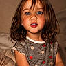 child, girl, portrait, smiling, face, blue_eyes, brown_hair, curly_hair, indoors, seated, striped_dress, polka_dots, clothing, bedroom, soft_lighting, closeup, looking_at_camera, teeth, warm_tones, photography