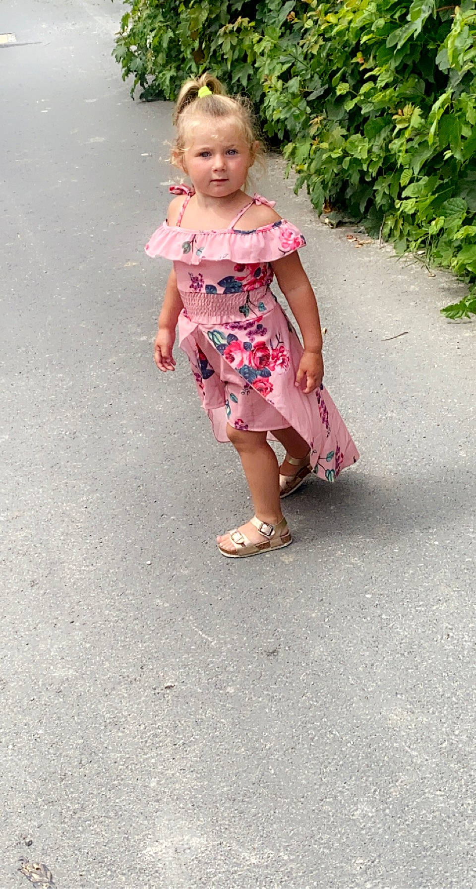 Hayley a rejoint le concours — aidez-le/la à gagner de superbes lots ! asphalt, day_dress, dress, flower, foot, grass, head, human_body, human_leg, leaf, people, people_in_nature, person, pink, plant, road, road_surface, sandal, sidewalk, toddler