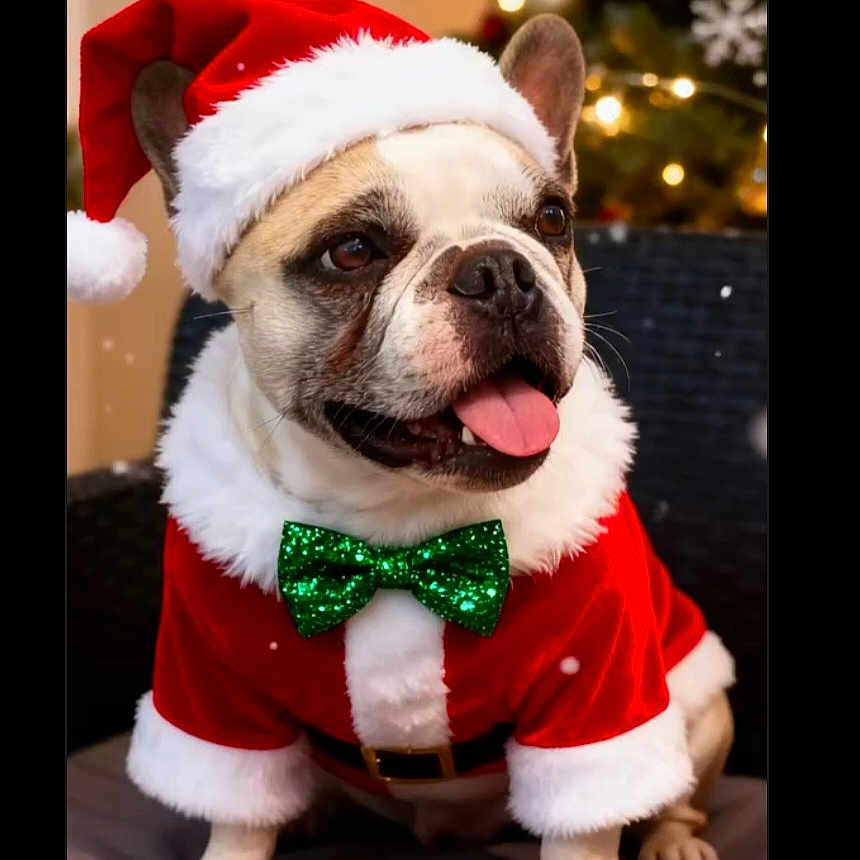Ruben participe au concours pour gagner de l'argent avec cette photo : bulldog, chair, christmas, christmas_tree, cushion, cute, decorations, dog, festive, fur, green_bow_tie, happy, holiday, indoor, pet, red_outfit, santa_claus, santa_hat, smiling, tongue
