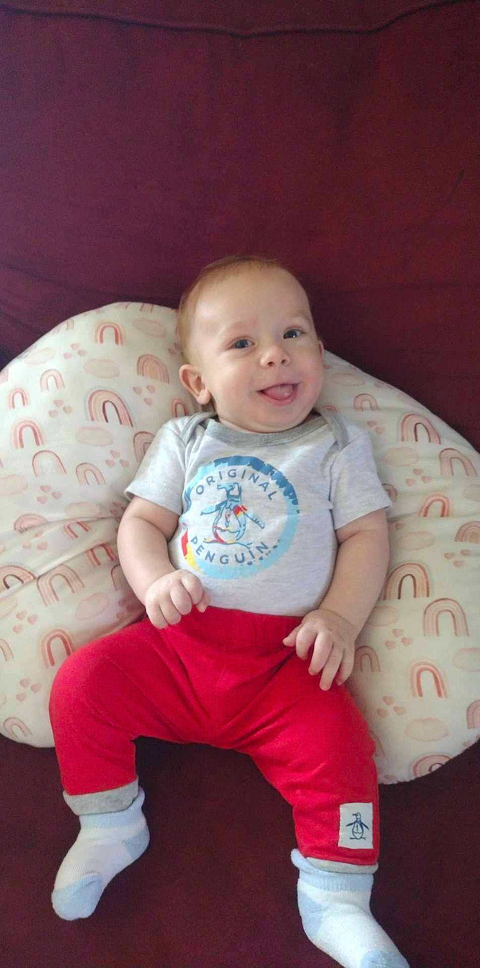 Emmett joined the competition — help win amazing prizes! baby, baby_toddler_clothing, cheek, child, comfort, eye, facial_expression, hairstyle, happy, iris, mouth, pattern, person, pink, skin, sleeve, smile, standing, t_shirt, thigh