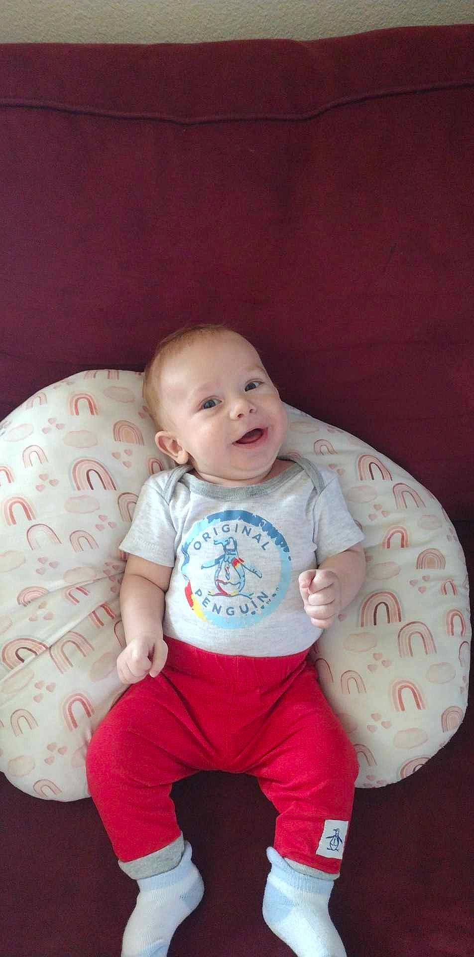 Emmett joined the competition — help win amazing prizes! baby, baby_toddler_clothing, cheek, child, chin, comfort, eye, face, facial_expression, flash_photography, happy, head, mouth, person, pink, skin, sleeve, smile, stomach, t_shirt