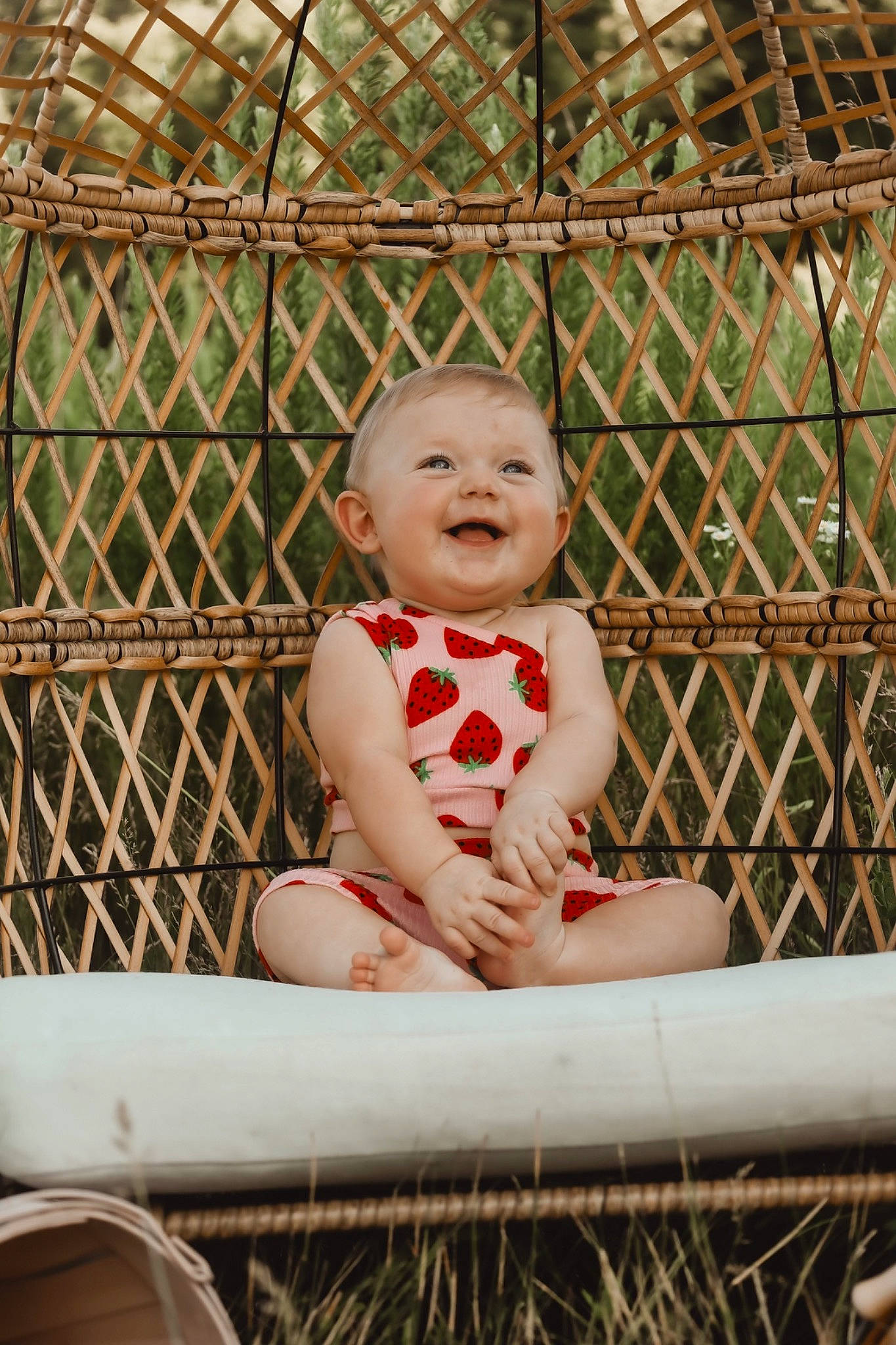 Charlee joined the competition — help win amazing prizes! baby, baby_toddler_clothing, child, comfort, face, flash_photography, fun, grass, happy, human_leg, joy, leisure, mesh, pattern, person, pink, product, sitting, skin, smile