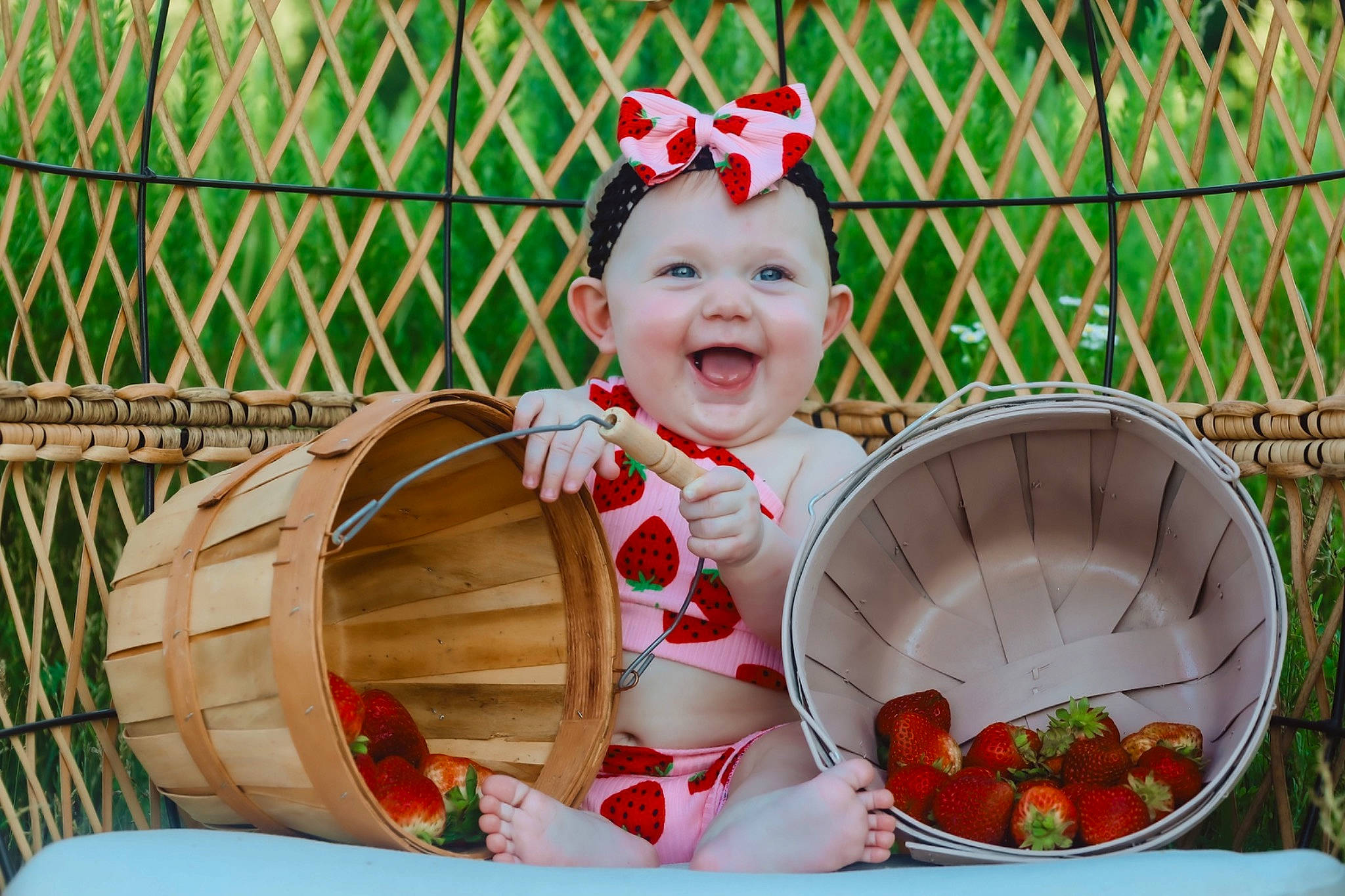 Charlee joined the competition — help win amazing prizes! baby, baby_toddler_clothing, child, event, eye, fence, fun, grass, happy, head, headwear, holiday, human_body, joy, leisure, natural_foods, person, plant, recreation, sitting
