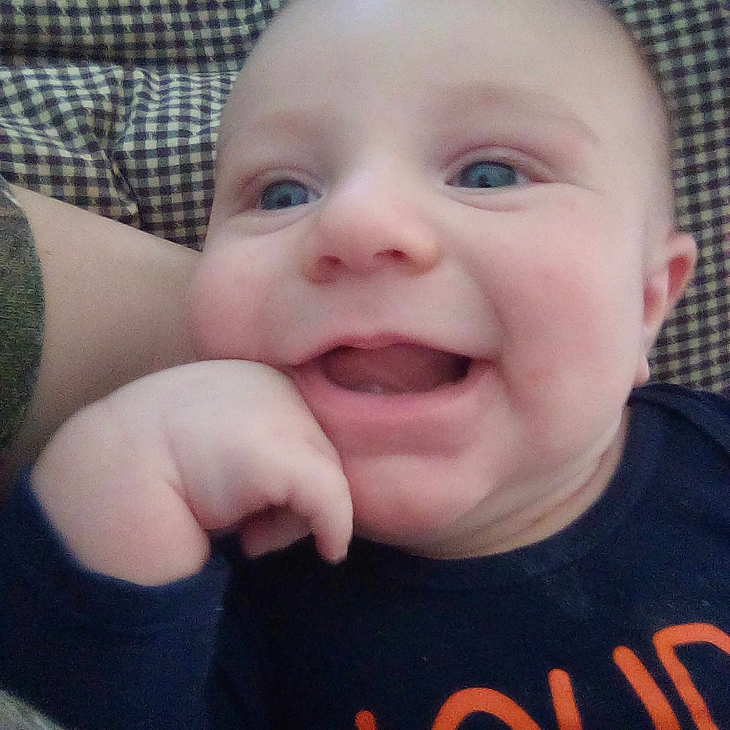 Mattis joined the competition — help win amazing prizes! baby, bodypart, clothing, couch, cushion, face, furniture, happy, head, homedecor, laughing, mouth, newborn, person, photography, portrait, selfie, smile, t_shirt, teeth